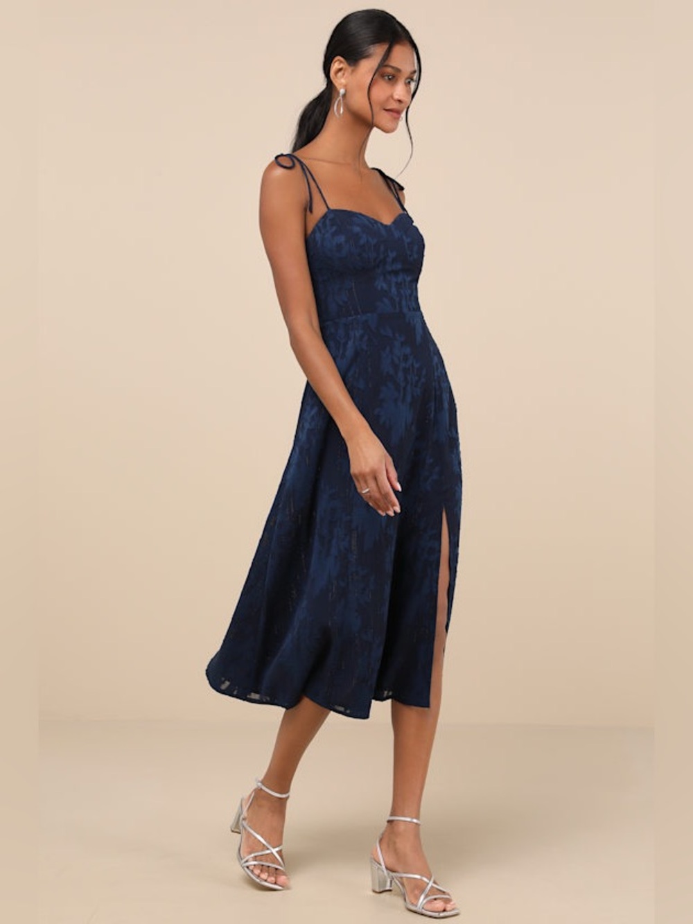 NWT Lulus Loveliest Looks Navy Blue Floral Jacquard Tie-Strap Midi Dress Size L - Picture 4 of 15